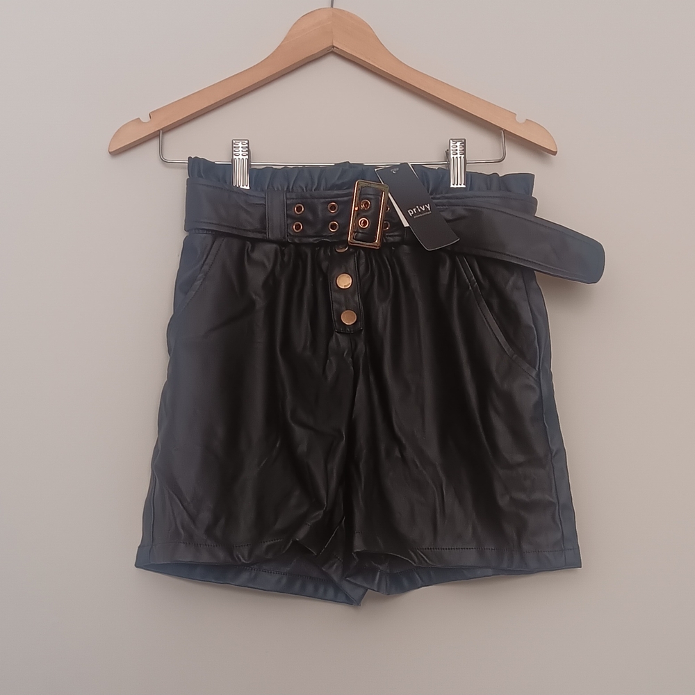 Black Faux Leather Women Shorts with Belt